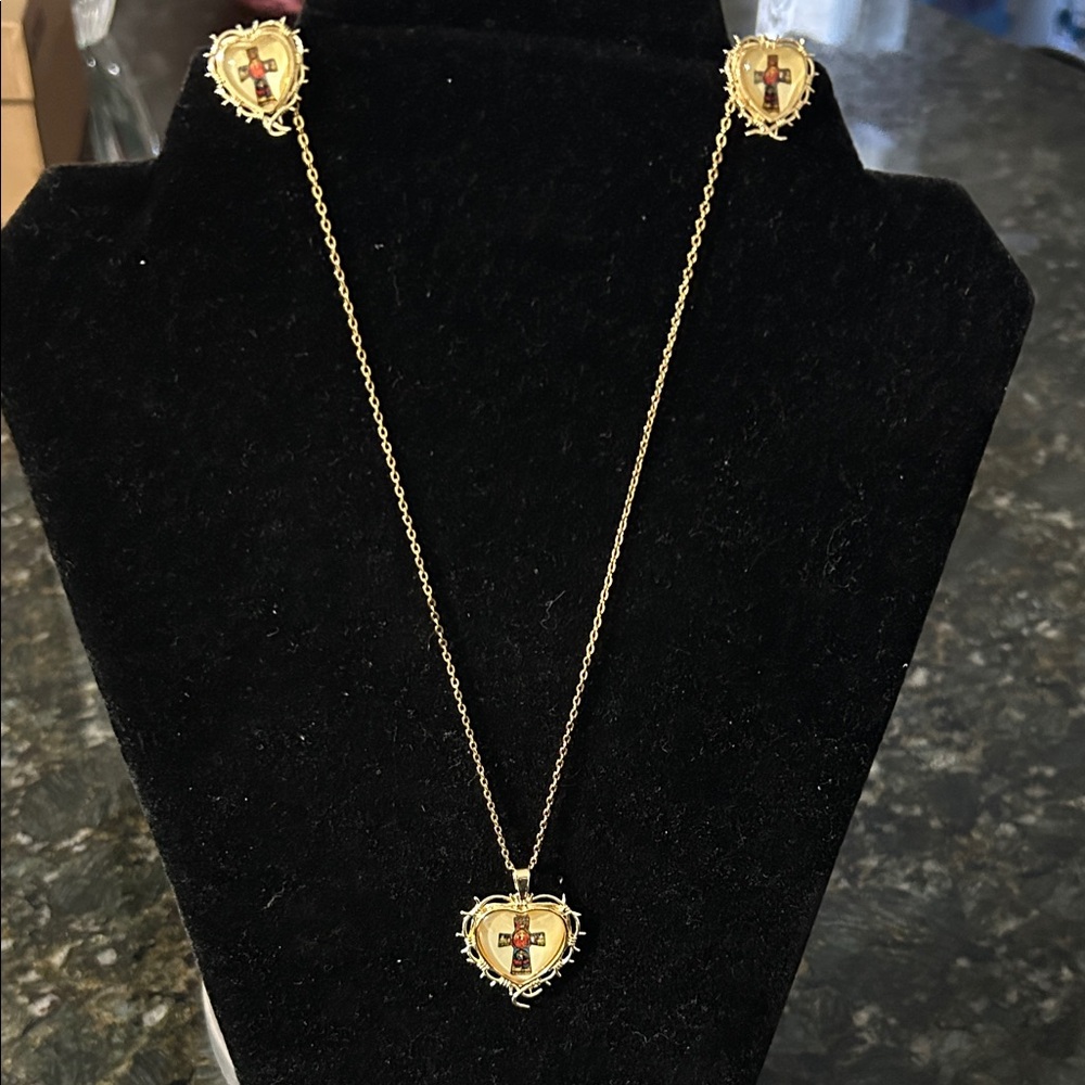 Gold Heart Necklace and Earrings Set with Cross Design